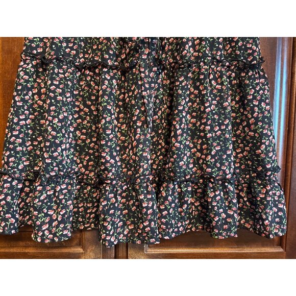 Floral Black Ruffle Mini Skirt With Elastic Waist & Tie By Sienna Sky Size M - Picture 4 of 11